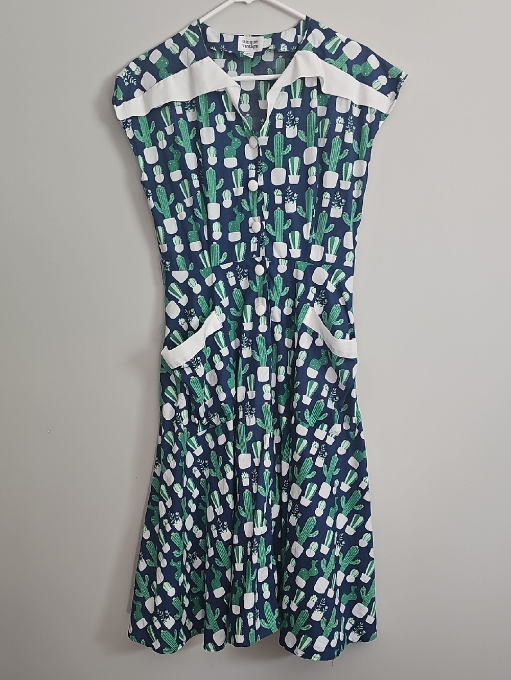 Unique Vintage Navy Cactus Pot Print Dress